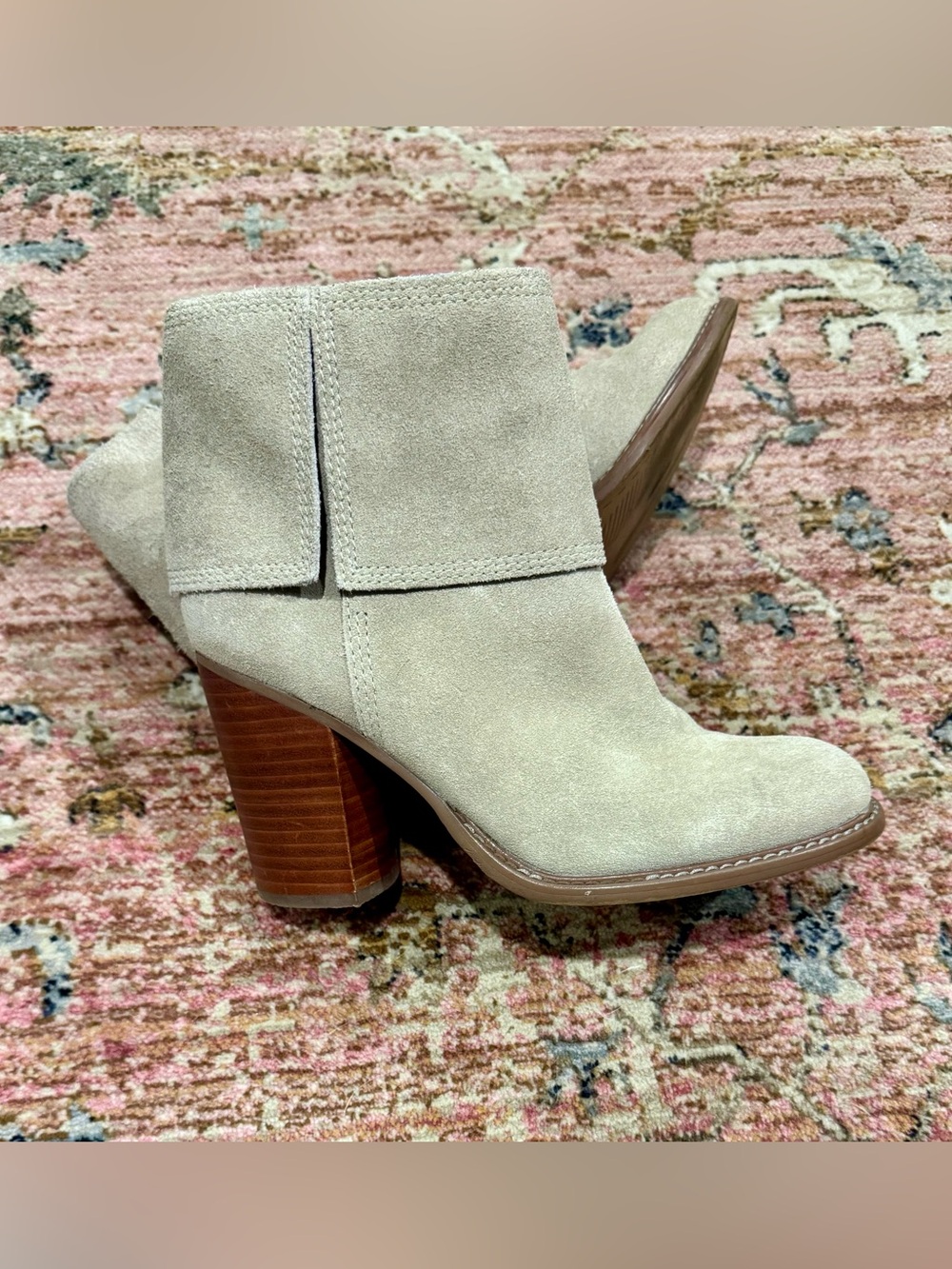 Kelsi Dagger fold over Suede Ankle booties Light Beige. Side zip & block heel